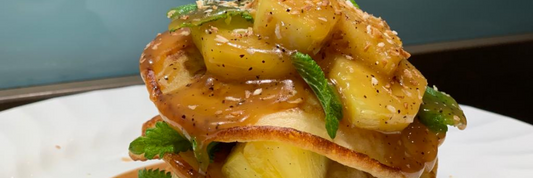 Vegan American Style Pancake Recipe with Pineapple and a Coffee Coconut Caramel Sauce