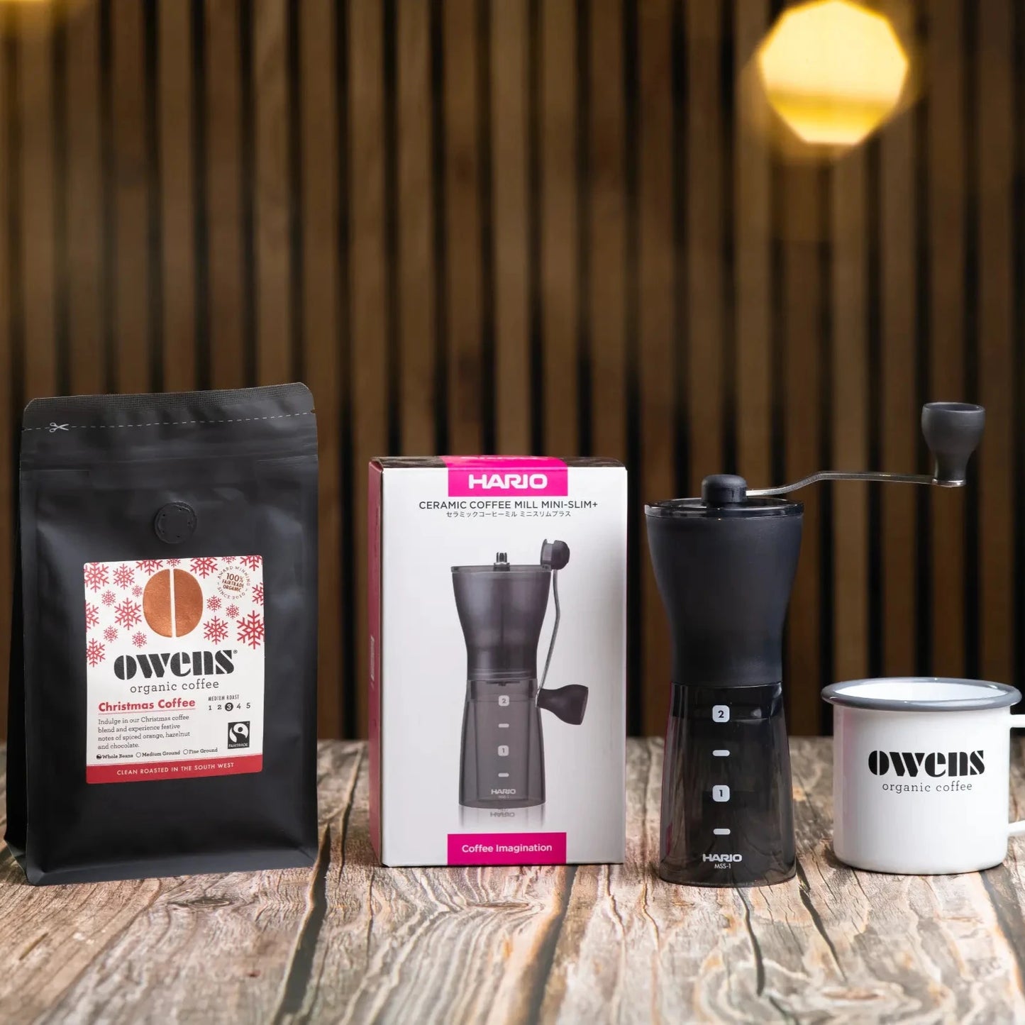 Owens Organic Fairtrade Coffee Christmas Coffee Bean Ground Hario Mini Mill PLUS Ceramic Coffee Grinder