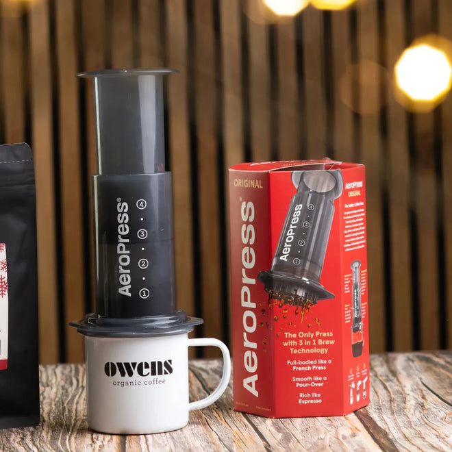 Aeropress bundle Owens Organic Fairtrade Coffee Enamel Mug Gift ideas Christmas Fathers Day Mothers Day 