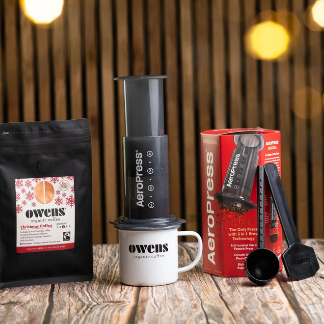 Owens Organic Fairtrade Coffee Bean Ground Aeropress bundle Enamel Mug Gift Set Gift ideas Christmas Fathers Day Mothers Day 