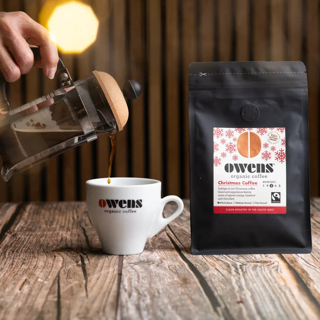 Owens Organic Fairtrade Coffee Christmas Coffee  Bean Ground Bodum Chambord Coffee Maker - 3 Cup12oz - Glass & Cork

