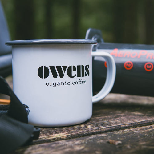 Owens Organic Fairtrade Coffee Enamel Mug Aeropress Camping Coffee Outdoor Living Dartmoor Exmoor Devon South West