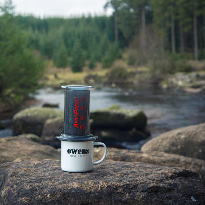 Owens Organic Fairtrade Coffee Enamel Mug Aeropress Camping Coffee Outdoor Living Dartmoor Exmoor Devon South West